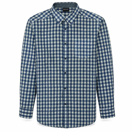 Front view of No Boundaries Men's Blue Check Button-Down Long Sleeve Shirt, size L