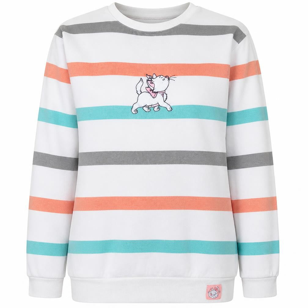 Front view of Disney women’s white striped marie sweatshirt m