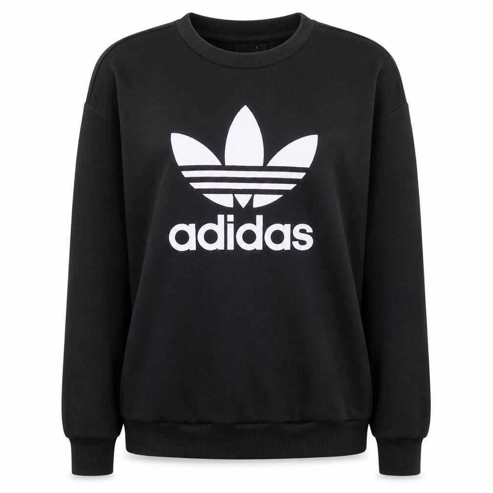 Front view of Adidas Women’s Black Crew Neck Pullover Sweatshirt, size UK 10