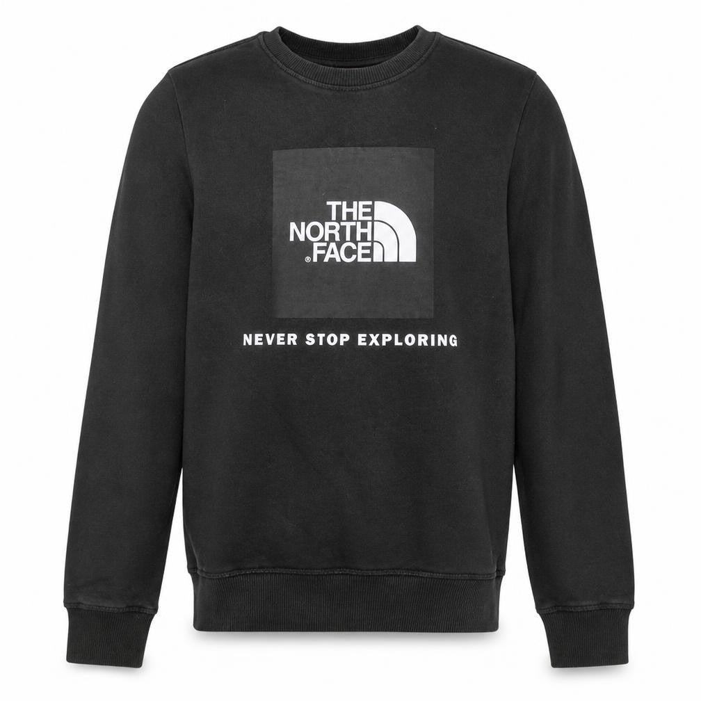 Front view of The North Face boys’ black pullover sweatshirt l graphic logo crew neck