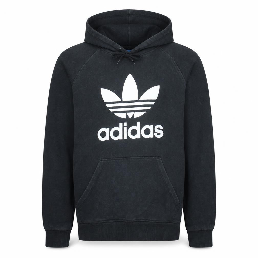 Front view of Adidas Men's Black Pullover Hoodie, size M, Regular Fit Fleece Logo Sweatshirt