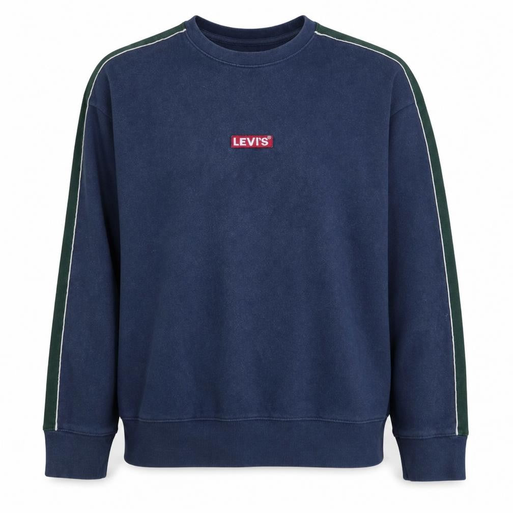 Front view of Levi's Men's Blue Crew Neck Logo Pullover Sweatshirt, size M