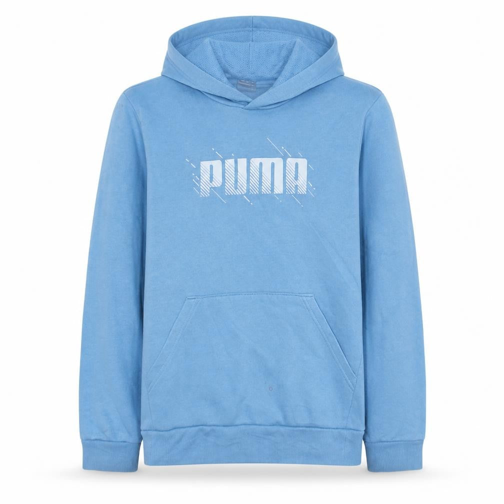 Front view of Puma boys’ blue pullover hoodie 13-14 years logo graphic sweatshirt