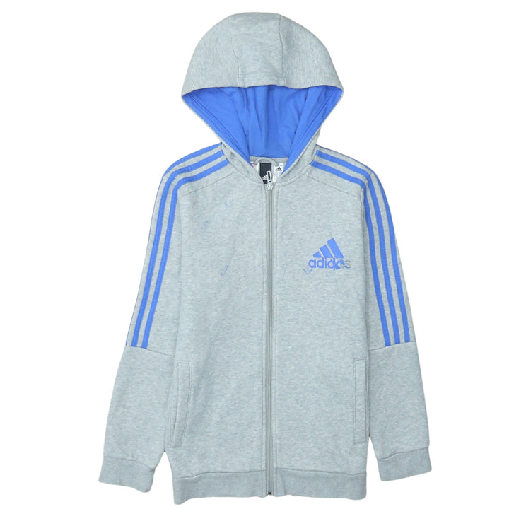 Adidas Boys Grey Blue Full Zip Hoodie Size 13-14 Years L Classic Hoodie
