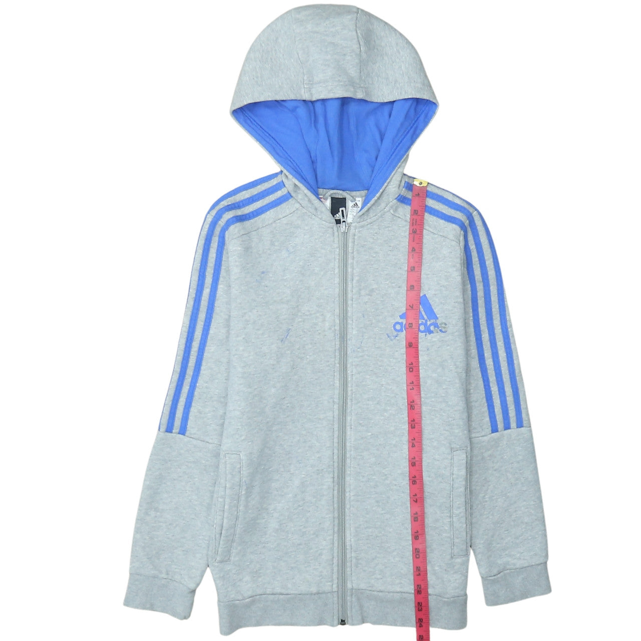 Adidas Boys Grey Blue Full Zip Hoodie Size 13-14 Years L Classic Hoodie