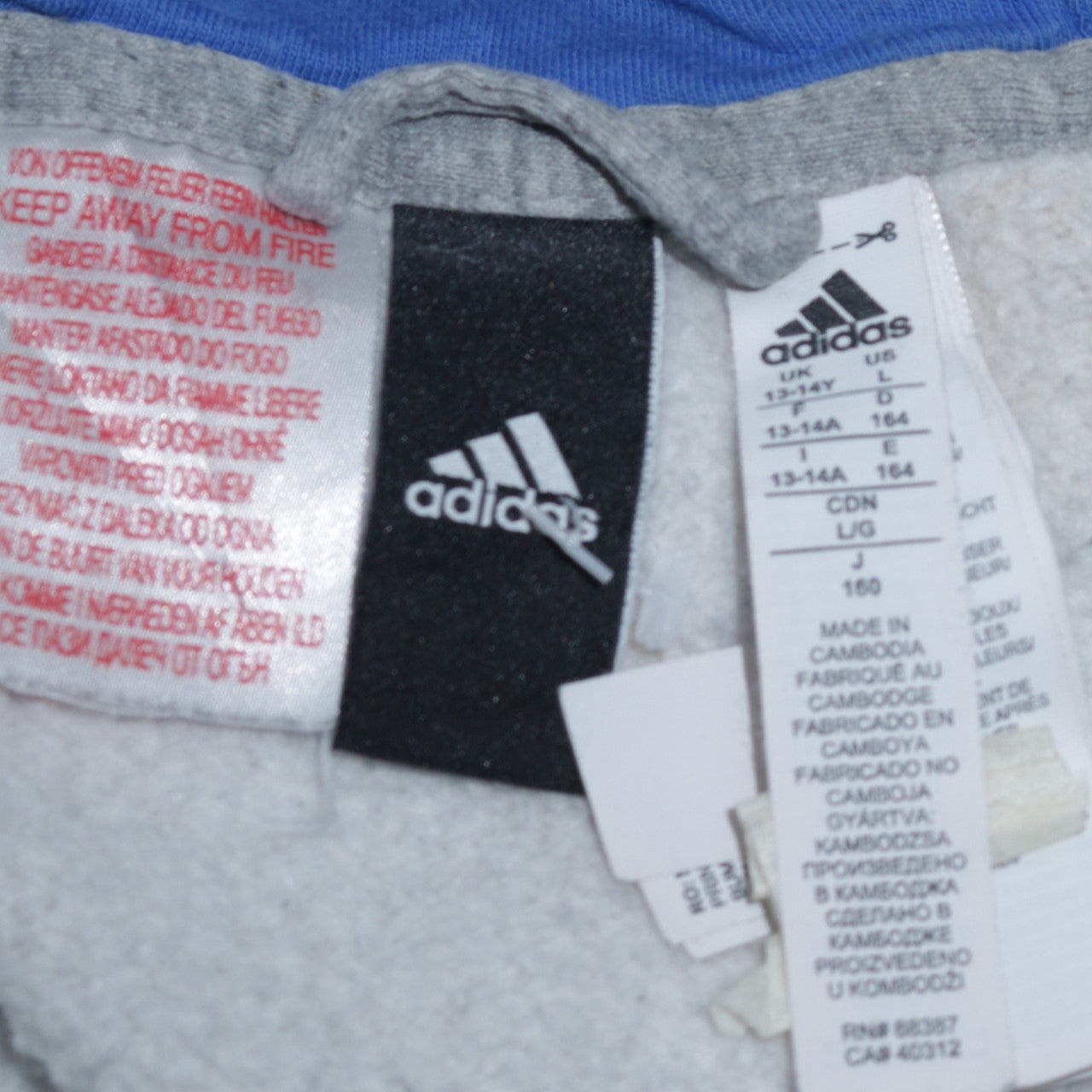 Adidas Boys Grey Blue Full Zip Hoodie Size 13-14 Years L Classic Hoodie