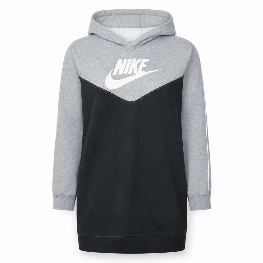 Front view of Nike women’s grey black pullover hoodie, size M, colourblock logo sweatshirt