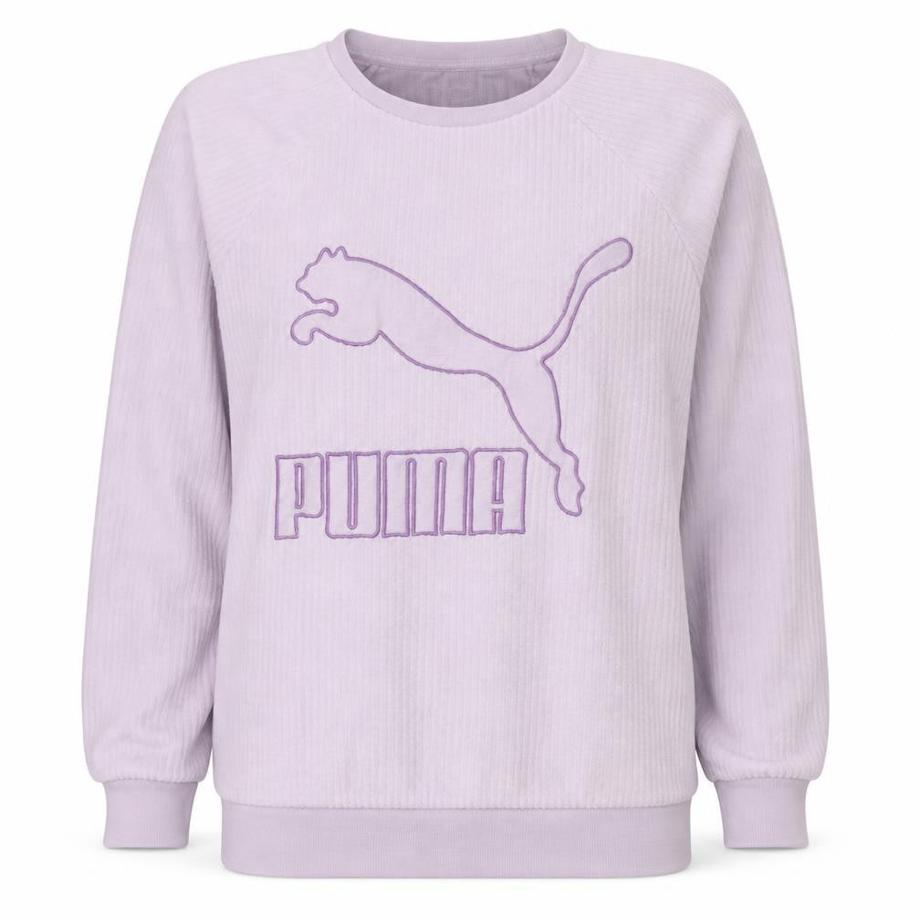 Front view of Puma women’s lilac crew neck pullover sweatshirt, size UK 12