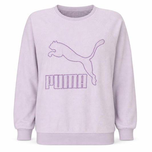 Front view of Puma women’s lilac crew neck pullover sweatshirt, size UK 12