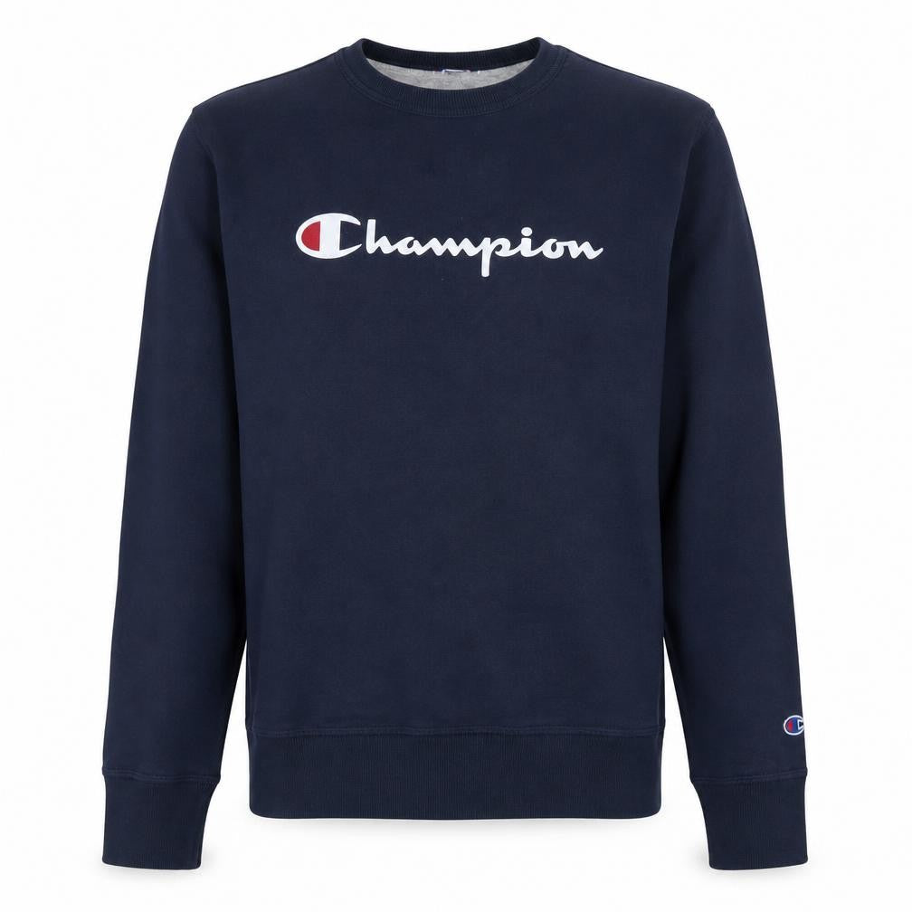 Front view of Champion Men's Blue Crew Neck Pullover Sweatshirt M