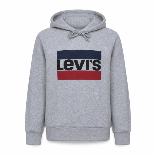 Front view of Levi's Men's Grey Pullover Hoodie XS Logo Graphic Fleece Sweatshirt
