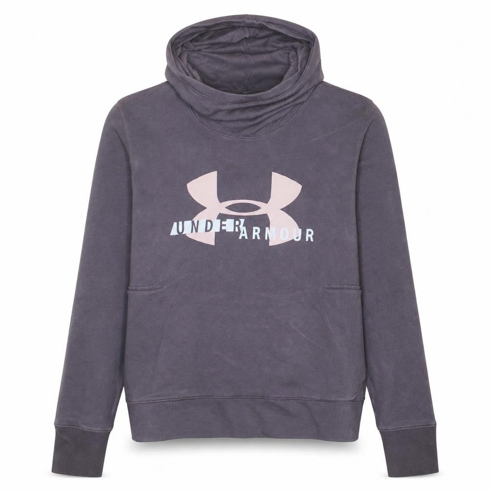 Front view of Under Armour women’s grey hoodie, size XL, loose fit logo pullover