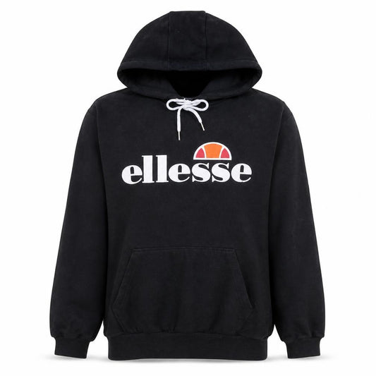 Front view of Ellesse women’s black pullover hoodie, size UK 10, cotton blend logo sweatshirt
