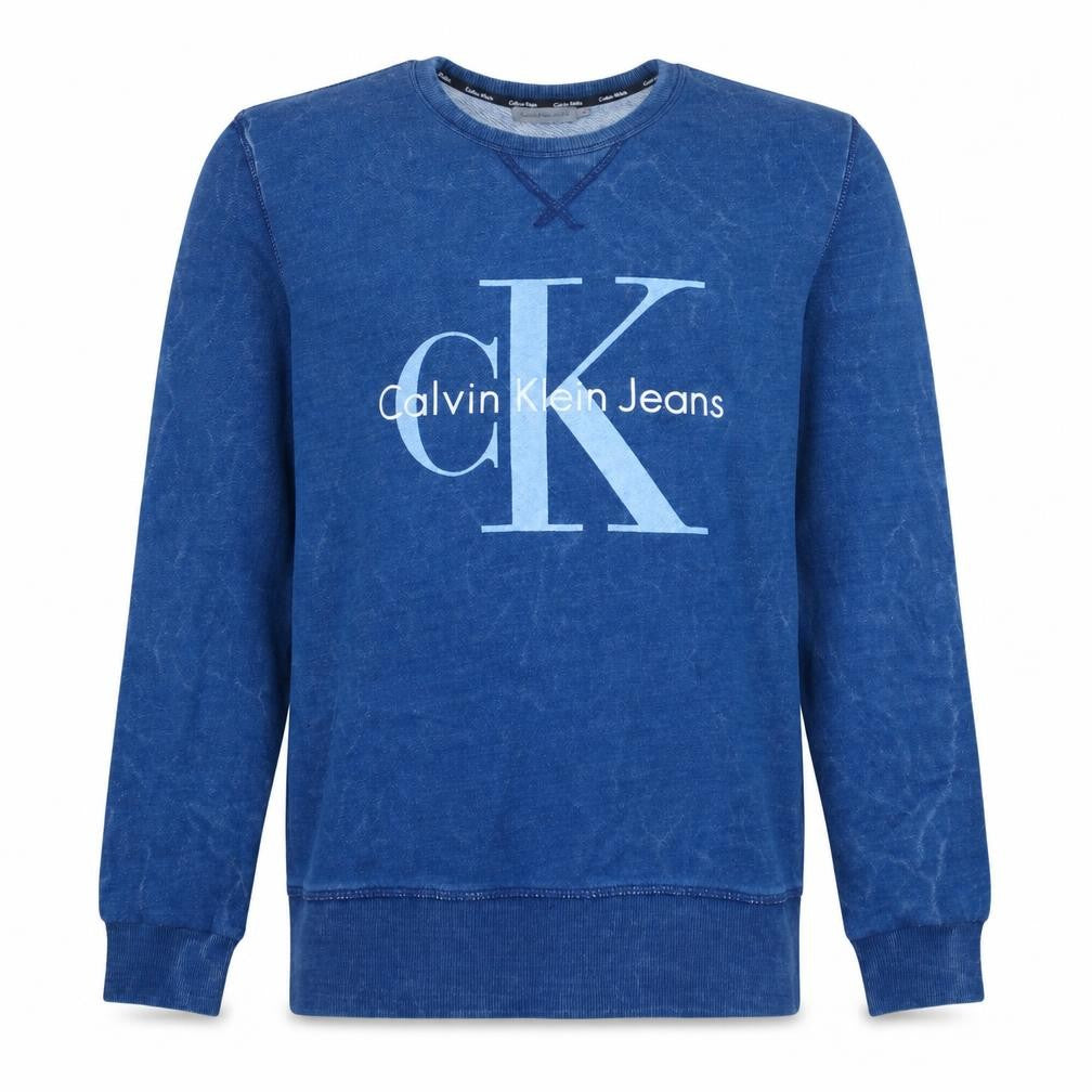 Front view of Calvin Klein Jeans Men's Blue Logo Crew Neck Sweatshirt, size S