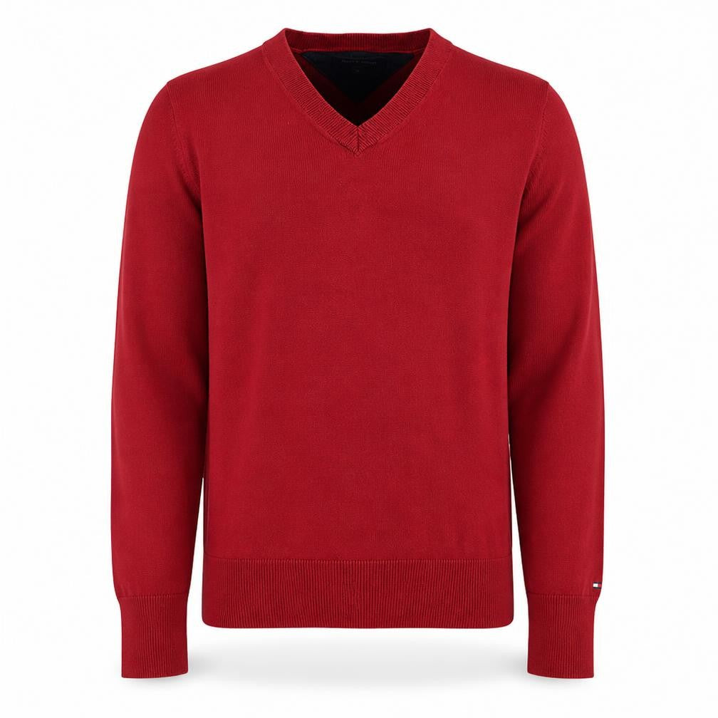 Front view of Tommy Hilfiger Men's Red V-Neck Cotton Blend Jumper, size M