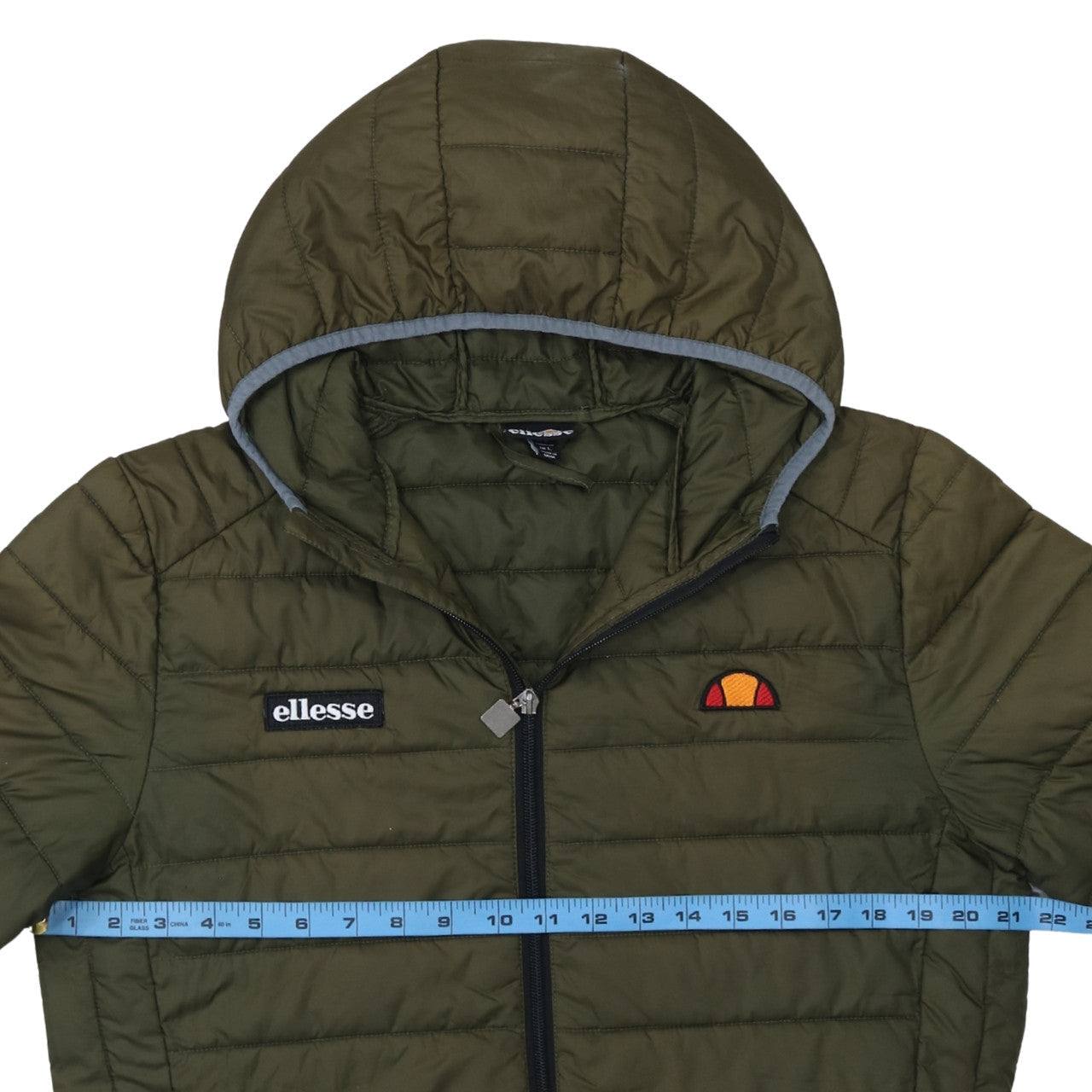 Ellesse Mens Green Puffer Jacket L Hooded Quilted Full Zip Casual