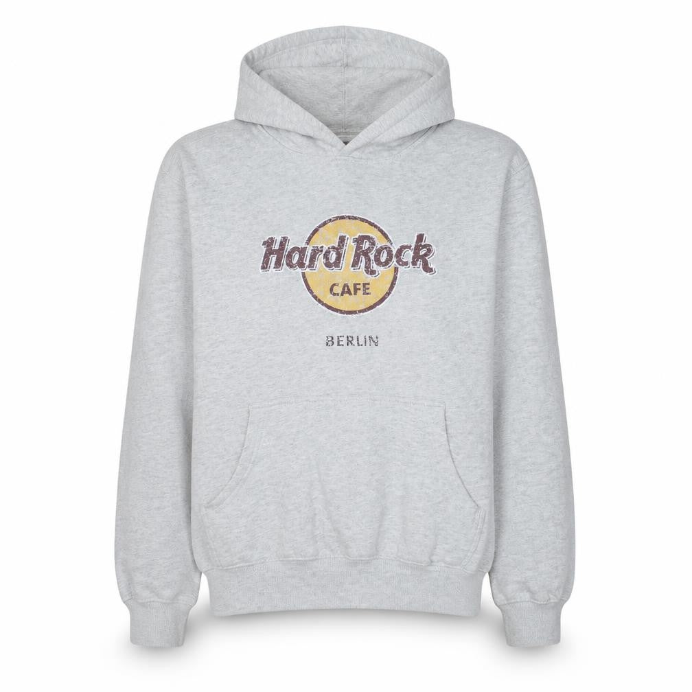 Front view of Hard Rock Cafe Berlin Grey Men's Pullover Hoodie, size L