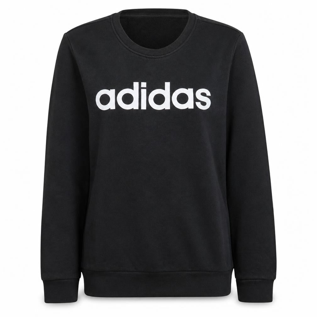 Front view of Adidas women’s black small logo crew neck sweatshirt uk 8-10