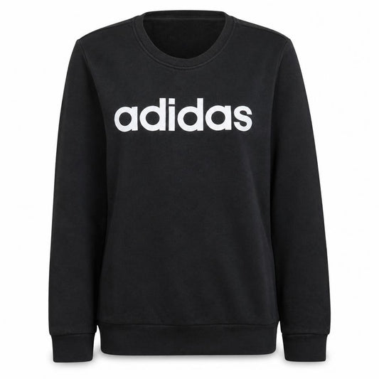 Front view of Adidas women’s black small logo crew neck sweatshirt uk 8-10