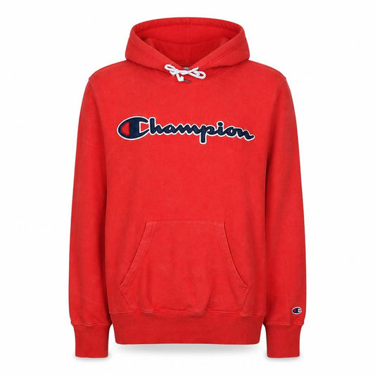 Front view of Champion Men's Red Small Pullover Hoodie with Logo Detail