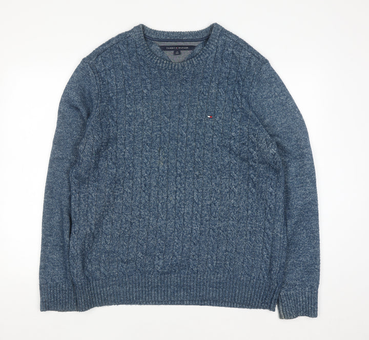 Tommy Hilfiger Men's Blue Cable-Knit Cotton Jumper Size L