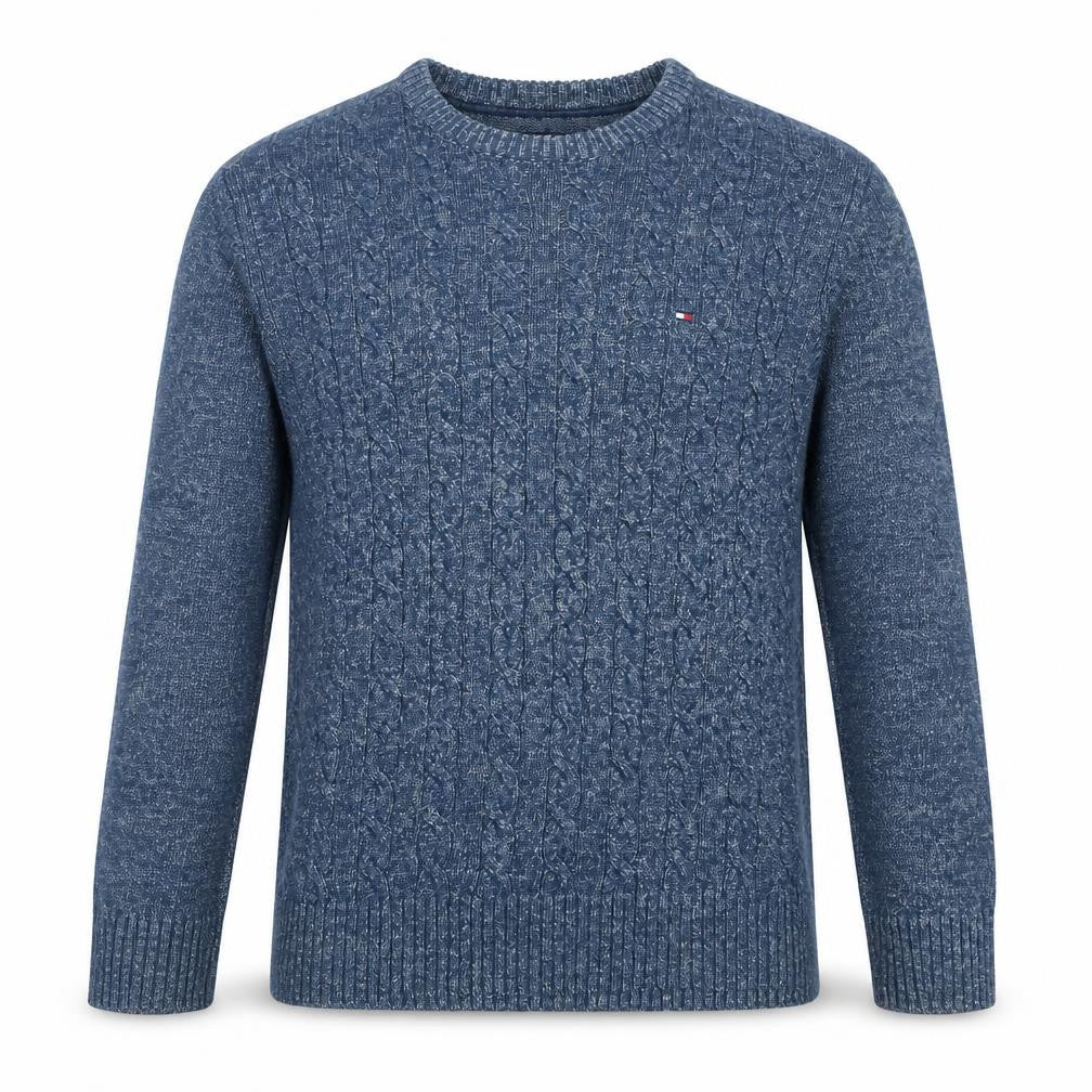 Front view of Tommy Hilfiger Men's Blue Cable-Knit Cotton Jumper, size L