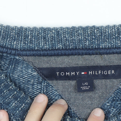 Tommy Hilfiger Men's Blue Cable-Knit Cotton Jumper Size L