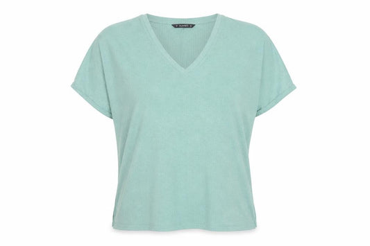 Front view of Dunnes women’s green v-neck short sleeve basic stretch t-shirt, size UK 12