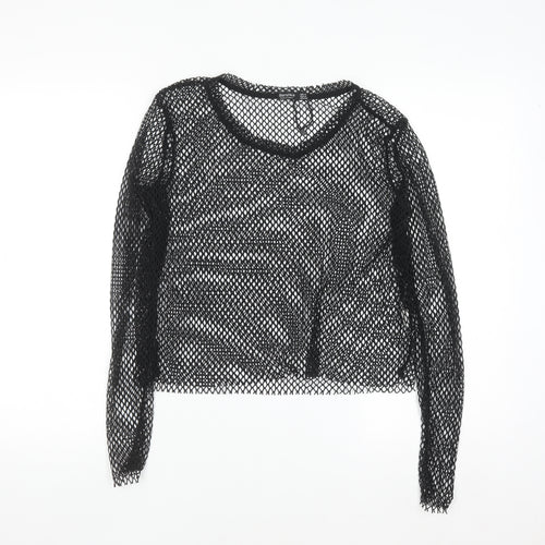 Bershka Women Black Mesh Cropped Long Sleeve T-Shirt Size 12