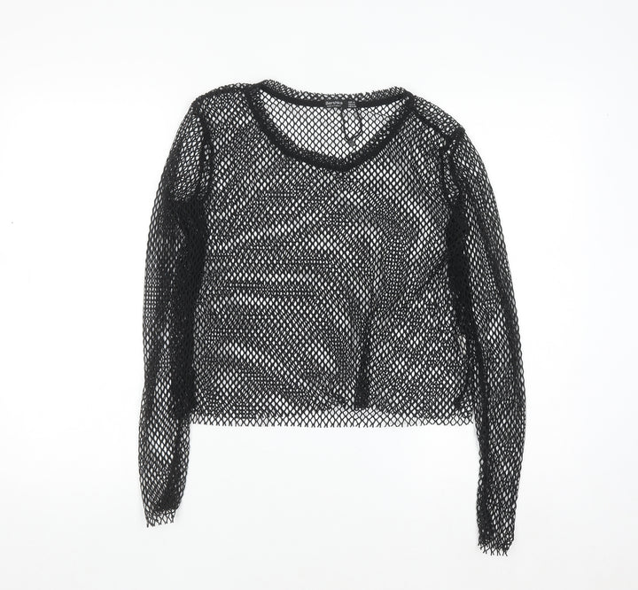 Bershka Women Black Mesh Cropped Long Sleeve T-Shirt Size 12