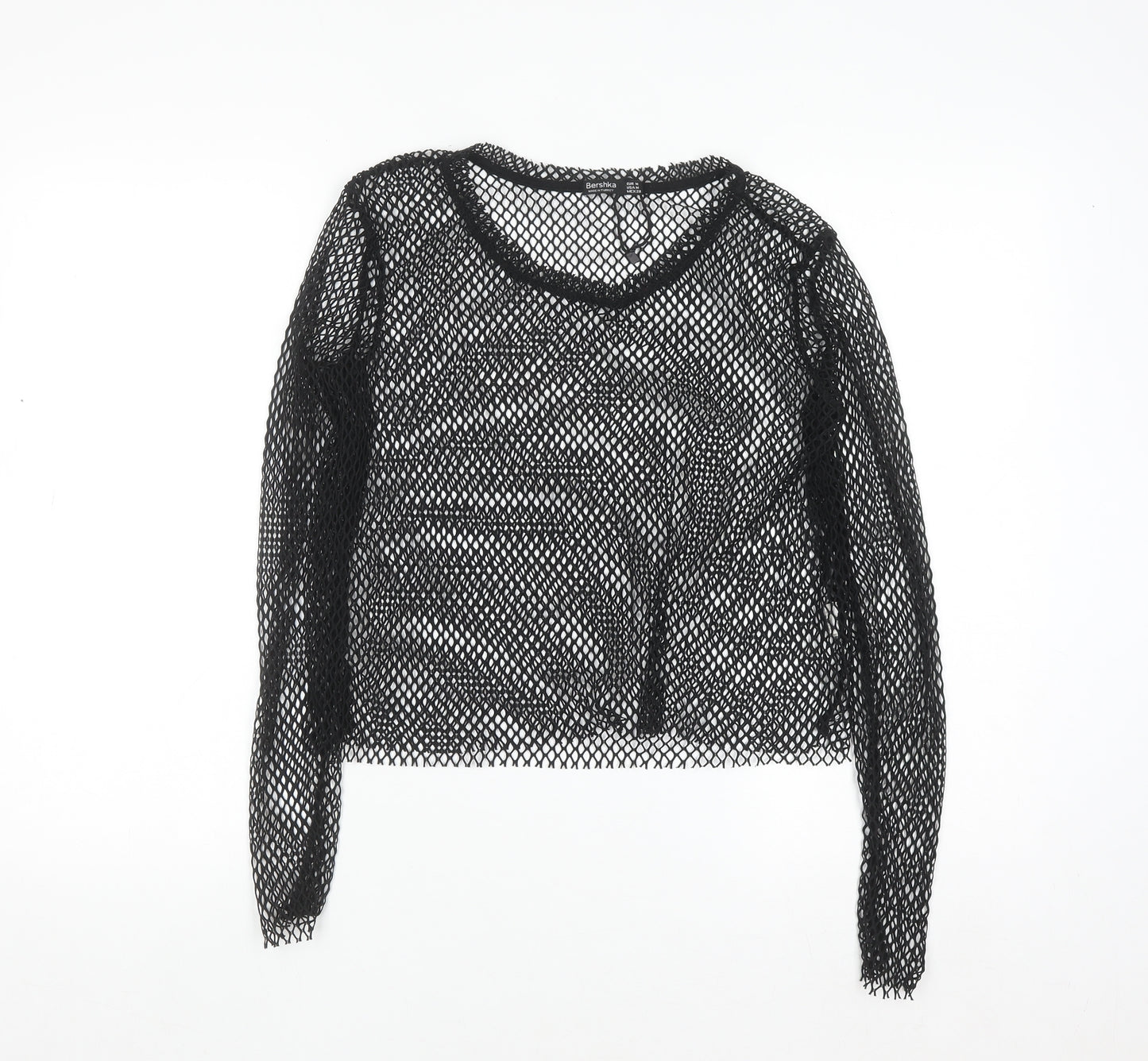 Bershka Women Black Mesh Cropped Long Sleeve T-Shirt Size 12