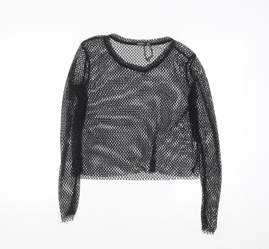 Bershka Women Black Mesh Cropped Long Sleeve T-Shirt Size 12
