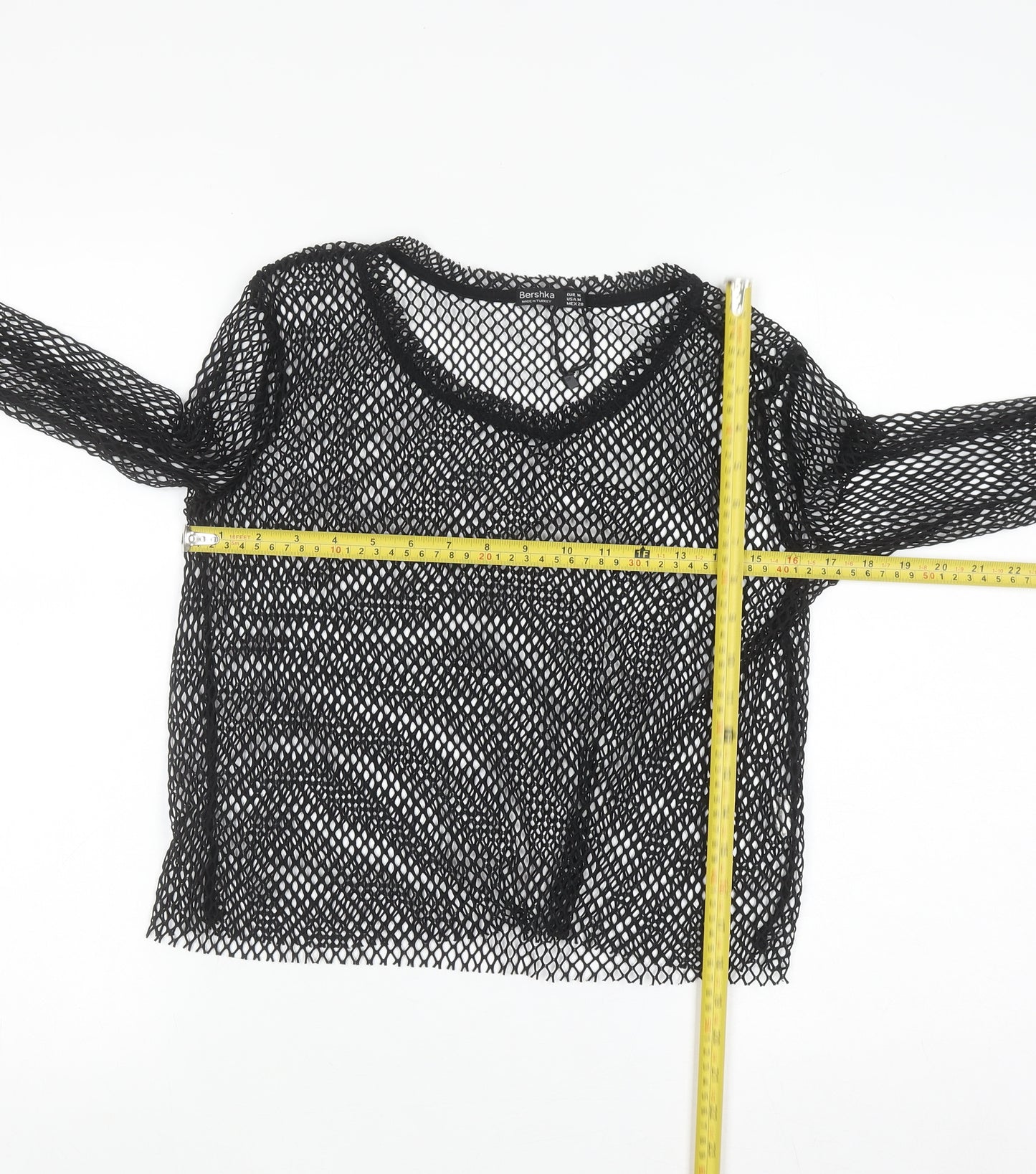 Bershka Women Black Mesh Cropped Long Sleeve T-Shirt Size 12