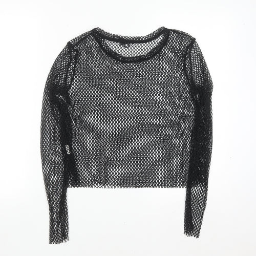 Bershka Women Black Mesh Cropped Long Sleeve T-Shirt Size 12