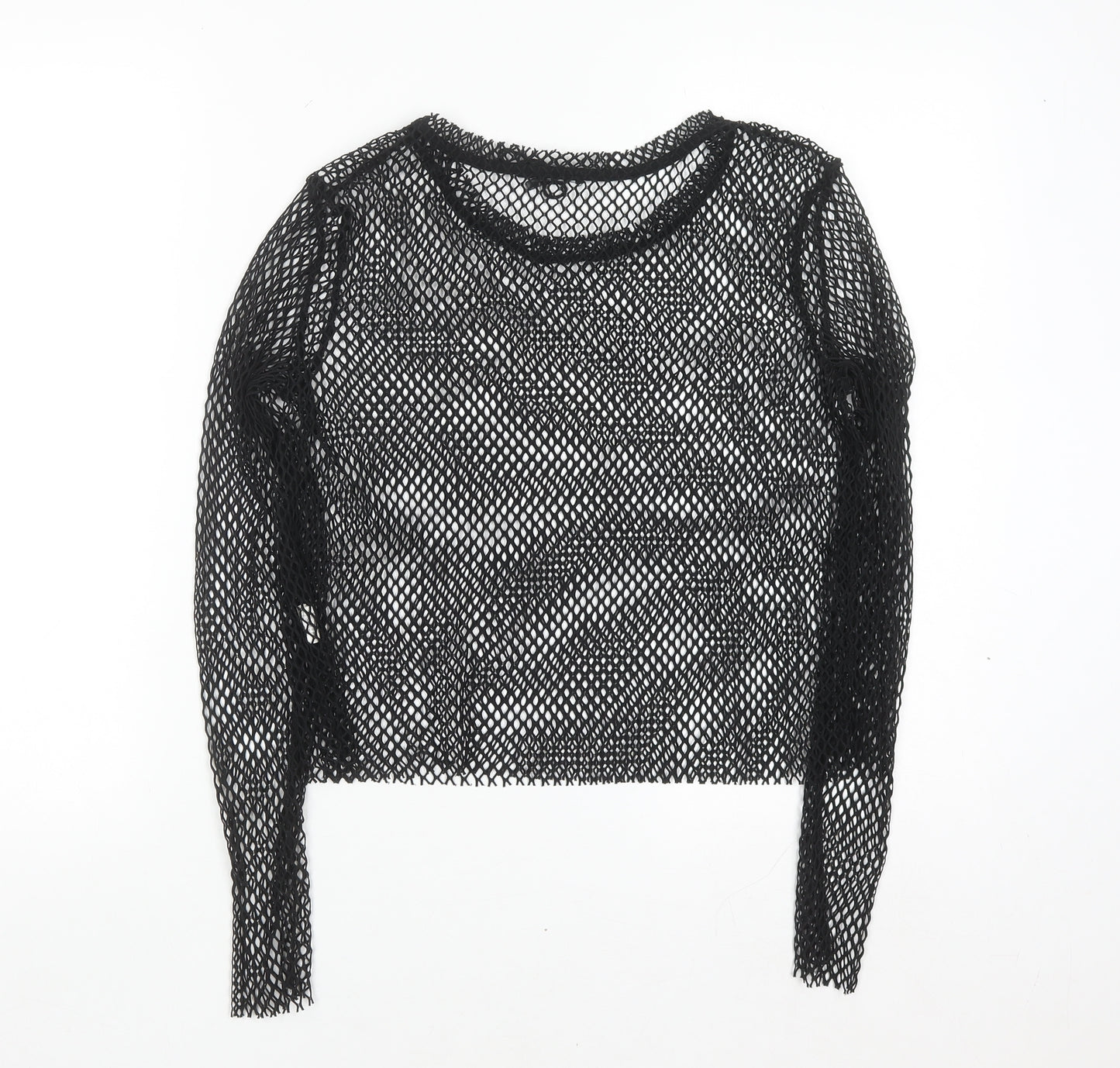 Bershka Women Black Mesh Cropped Long Sleeve T-Shirt Size 12