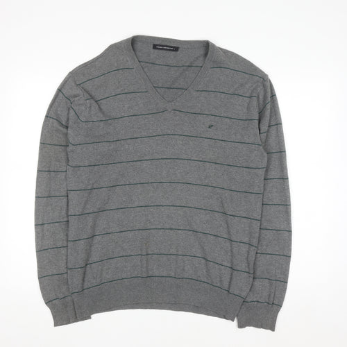 French Connection Men's Grey Striped Cotton V-Neck Jumper L