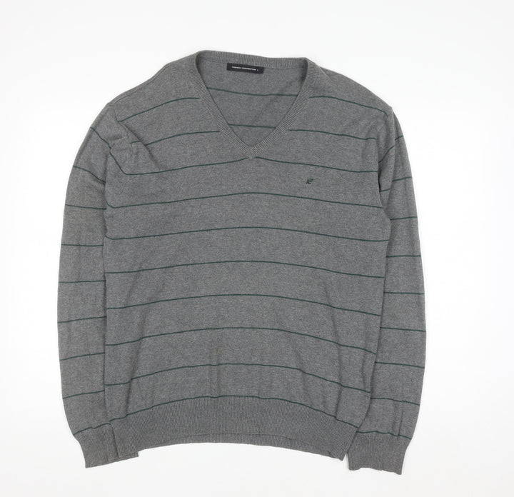 French Connection Men's Grey Striped Cotton V-Neck Jumper L
