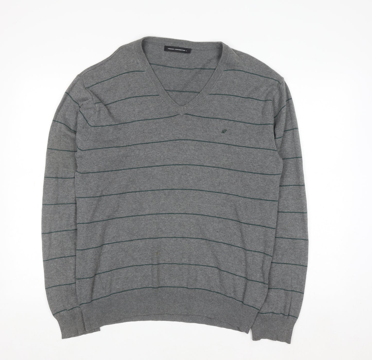 French Connection Men's Grey Striped Cotton V-Neck Jumper L