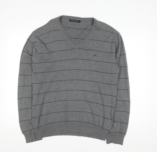 French Connection Men's Grey Striped Cotton V-Neck Jumper L