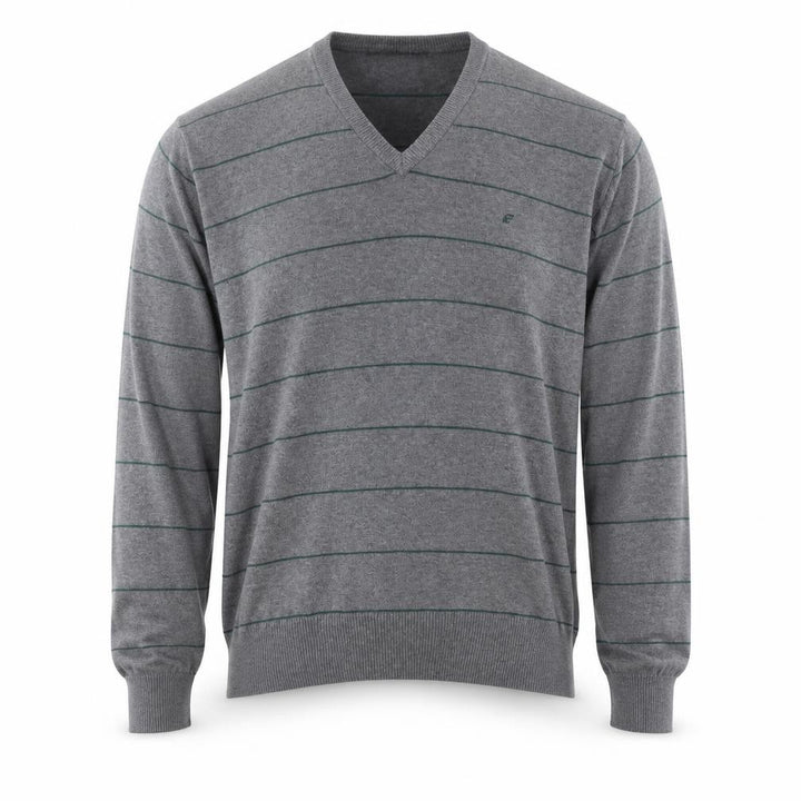 French Connection Men's Grey Striped Cotton V-Neck Jumper L