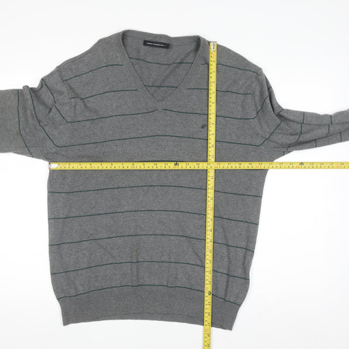 French Connection Men's Grey Striped Cotton V-Neck Jumper L