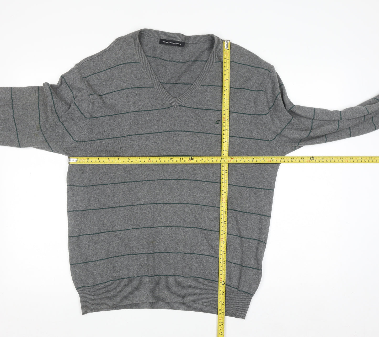 French Connection Men's Grey Striped Cotton V-Neck Jumper L