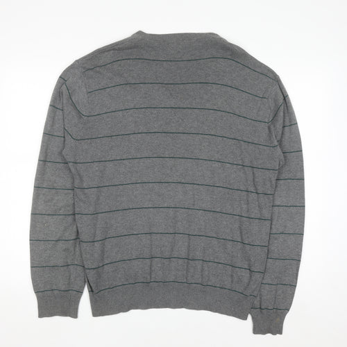 French Connection Men's Grey Striped Cotton V-Neck Jumper L