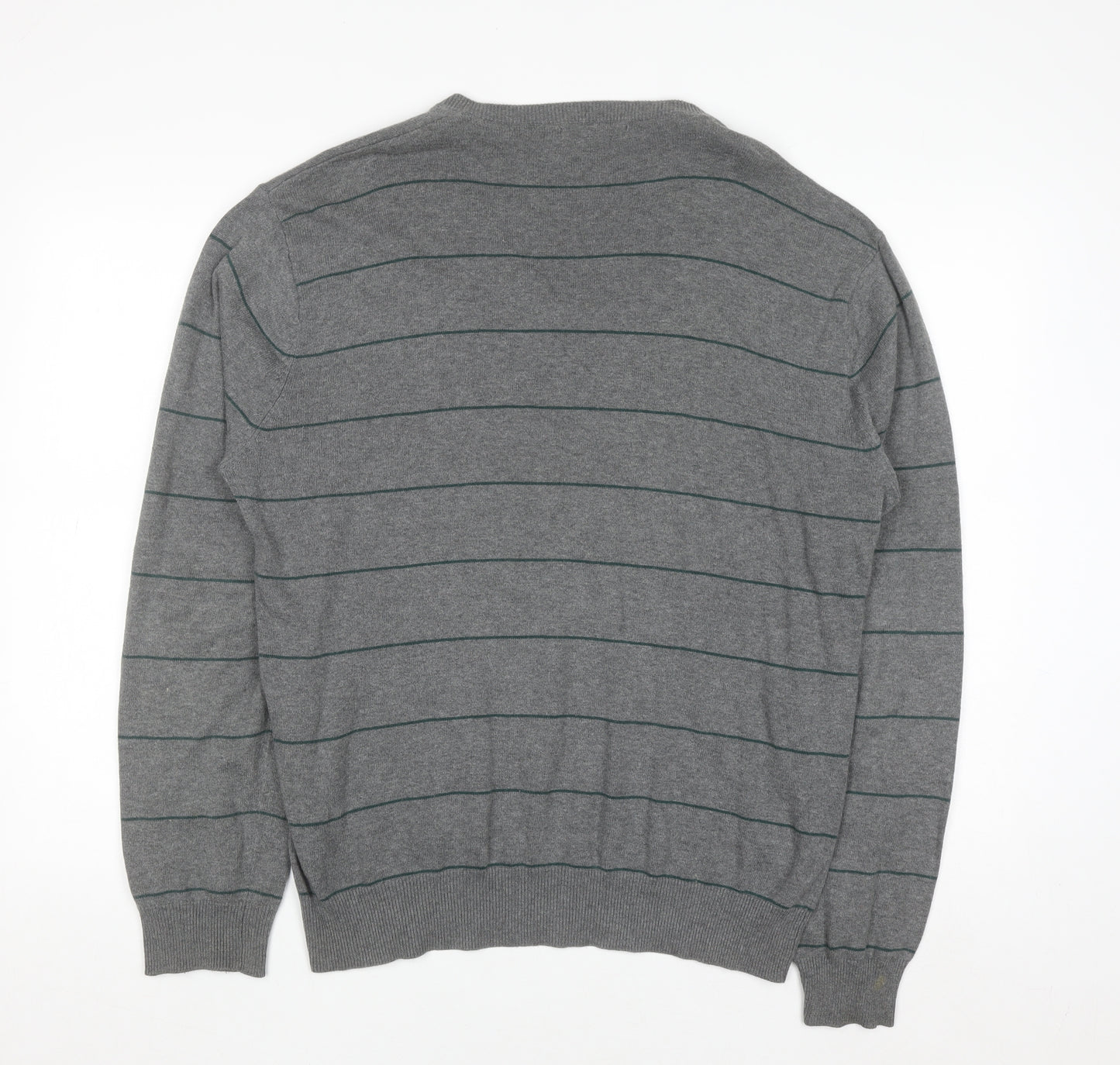 French Connection Men's Grey Striped Cotton V-Neck Jumper L