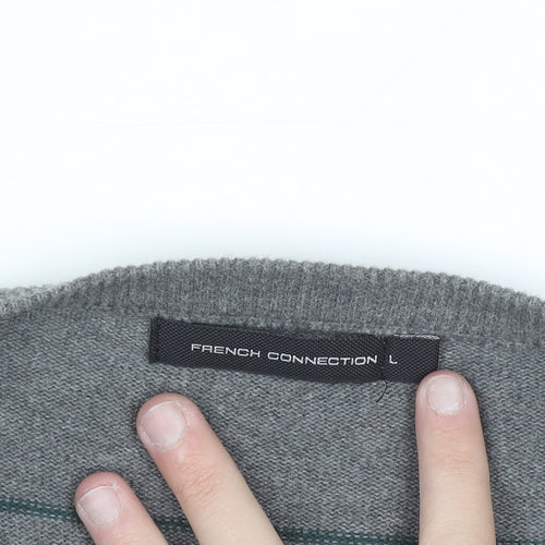 French Connection Men's Grey Striped Cotton V-Neck Jumper L