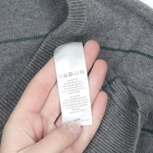 French Connection Men's Grey Striped Cotton V-Neck Jumper L
