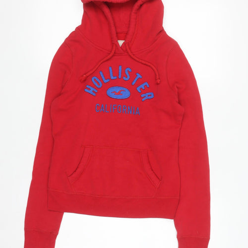 Hollister Women Red Hoodie XS Pullover Embroidered Cotton Blend