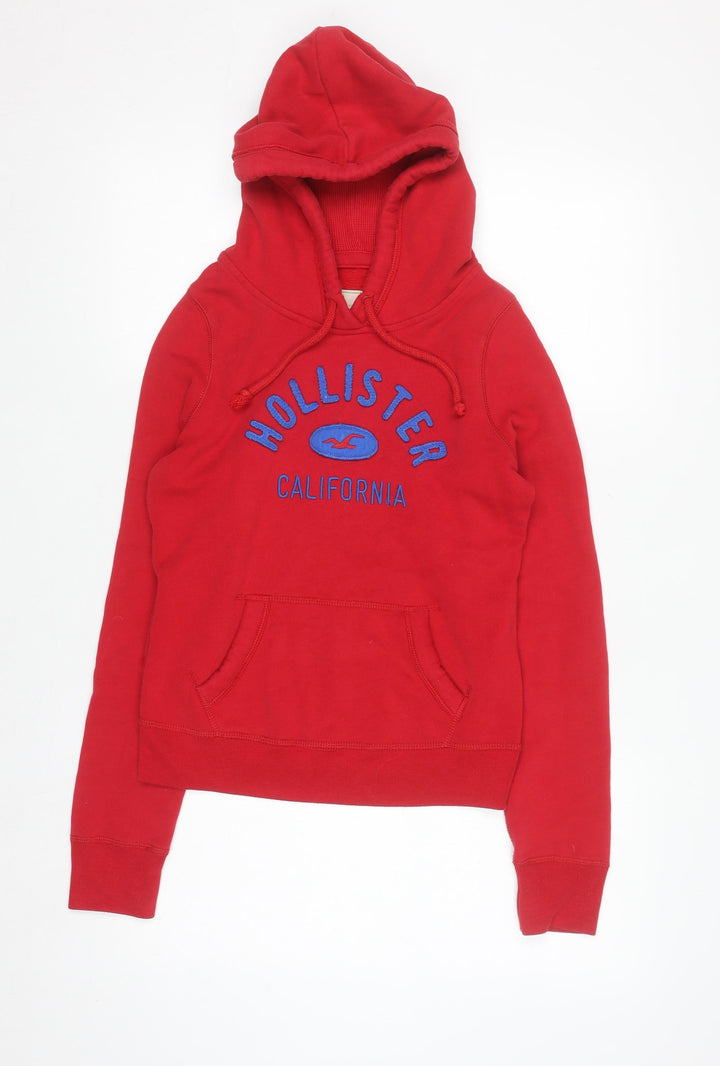 Hollister Women Red Hoodie XS Pullover Embroidered Cotton Blend
