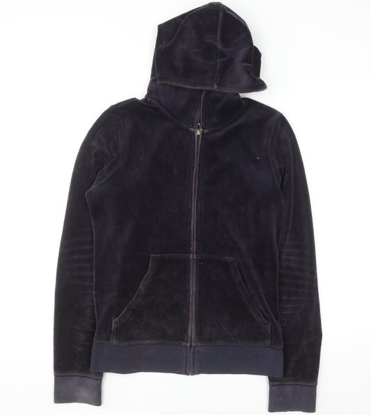 Juicy Couture Women's Navy Velour Full Zip Hoodie M Sequin Logo