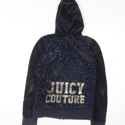 Juicy Couture Women's Navy Velour Full Zip Hoodie M Sequin Logo